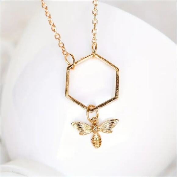 Bumble Bee Honeycomb Geometric Gold Tone Necklace - Picture 1 of 5